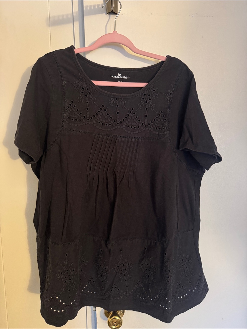 Woman Within Black Eyelet Pintuck Short Sleeve Blouse